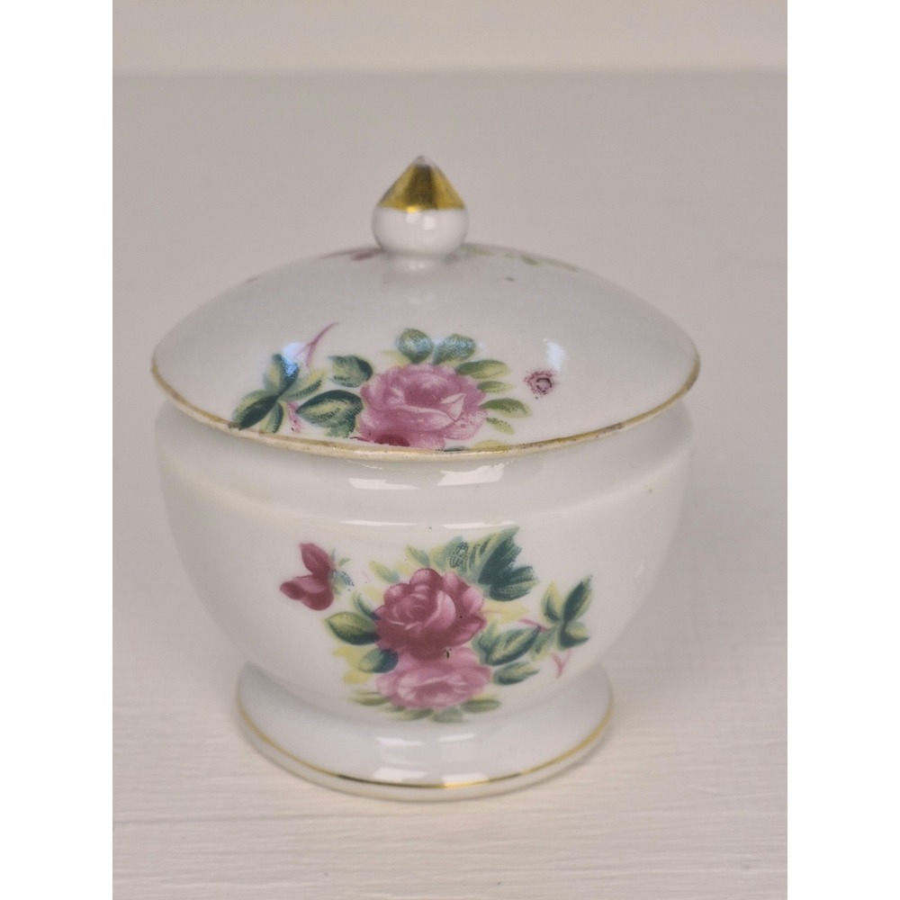 Vintage Handpainted Roses Porcelain Trinket Dish w/lid Gold Knob 3" NAPCO